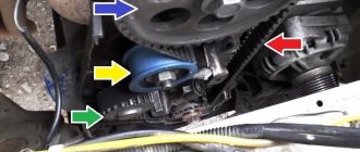 The timing mechanism is shown in the photo, and the arrows indicate all the pulleys, the belt itself, the pump and the tension roller, which regulates the tension of the timing belt on the car.